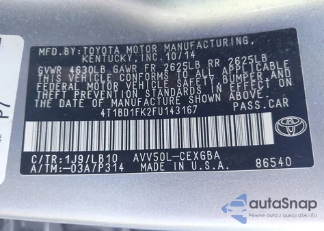 2015 Toyota Camry Hybrid Xle z USA, uszkodzony, nr VIN 4T1BD1FK2FU143167